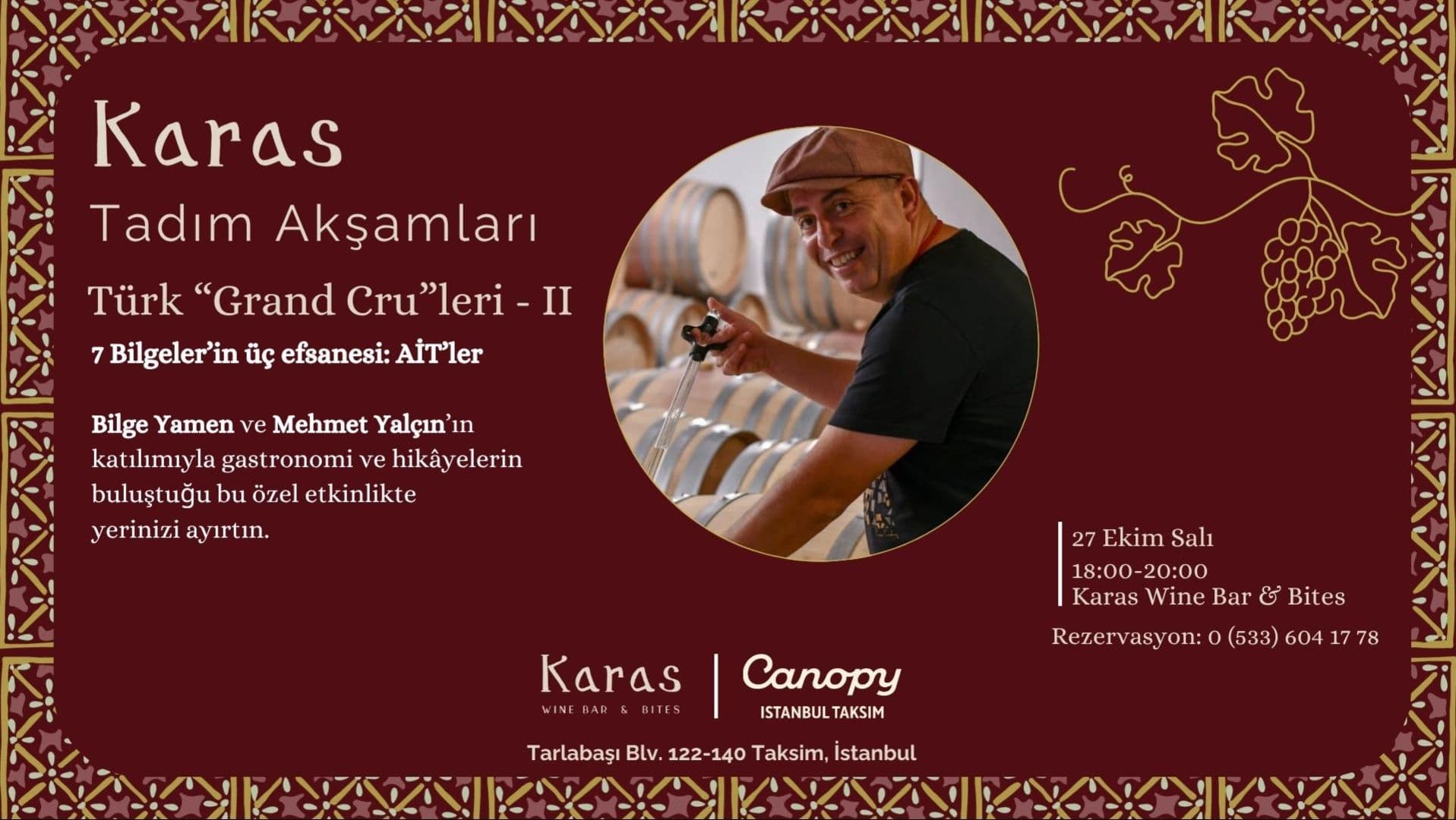 Karas Tadım Akşamları – Türk Grand Cru’leri - 7 Bilgeler - Şehit Muhtar, Tarlabaşı Bulvarı 122-140, Beyoğlu/İstanbul, Türkiye