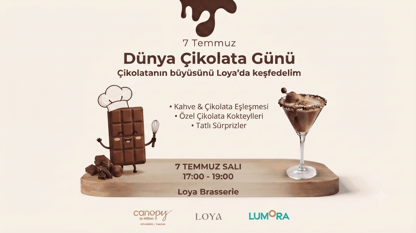 7 Temmuz Dünya Çikolata Günü’nü Canopy by Hilton İstanbul’da kutluyoruz. - 7 Temmuz Dünya Çikolata Günü’nü Canopy by Hilton İstanbul’da kutluyoruz.
Bu keyifli akşamüstünde, şefimizin hazırlayacağı özel çikolata tariflerine eşlik edecek; baristamızın anlatımıyla çikolata ve kahve uyumunu keşfedeceğiz. Özel çikolata kokteyllerimiz eşliğinde gerçekleştireceğimiz bu deneyimi, şefimizin hazırladığı tatlı sürprizlerle noktalayacağız.
🗓️ 7 Temmuz, Salı
🕒 17:00 – 19:00
📍 Canopy by Hilton İstanbul