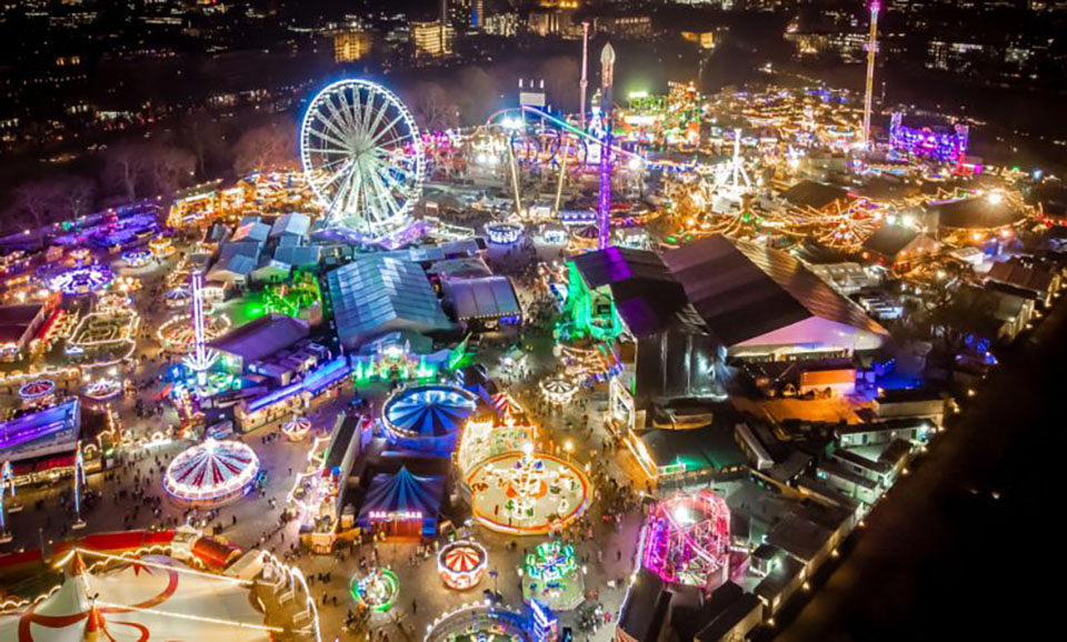 Aerial view of Winter Wonderland London 2023 with colourful lights