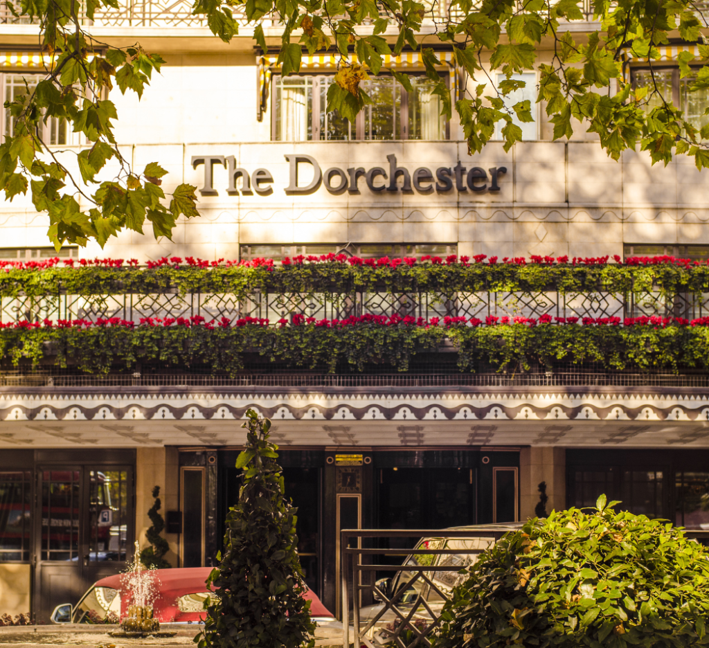 The entrance of The Dorchester 5 Star Hotel on London's Park Lane, overlooking Hyde Park. 