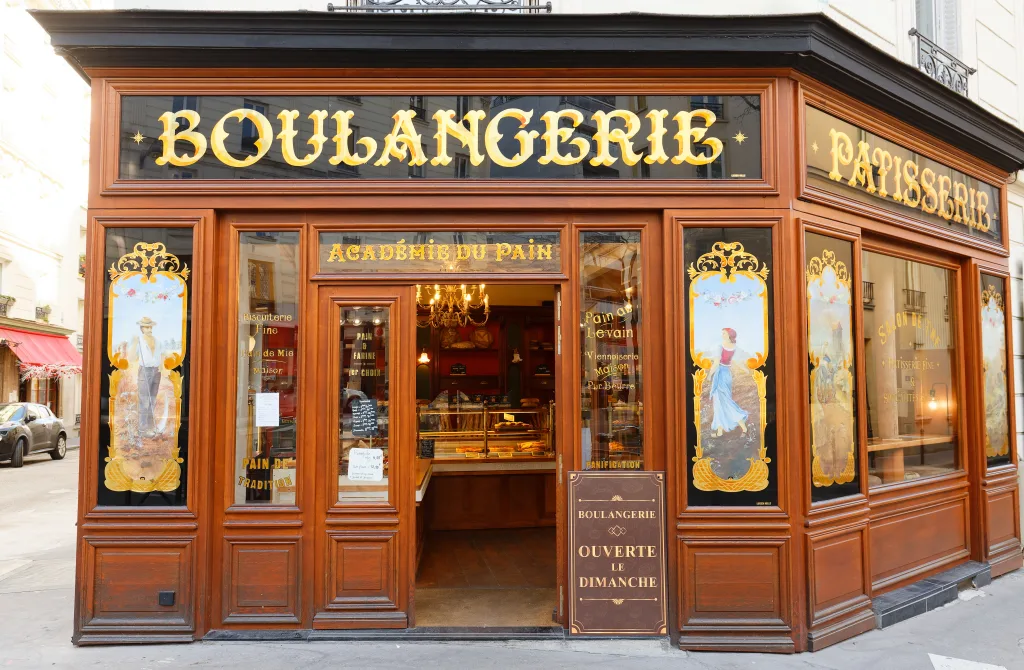 Storefront of the Boulangeri Patisserie in Paris, vintage looking, wooden frames